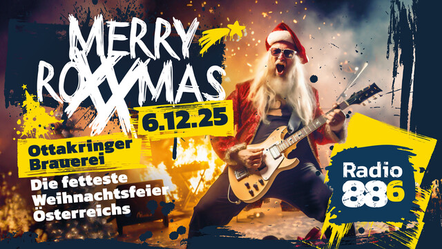 Rockiger Weihnachtsmann mit Gitarre vor Feuerkulisse. Text: 88.6 Merry RoXXmas am 6.12.25 in der Ottakringer Brauerei – die fetteste Weihnachtsfeier Österreichs.
