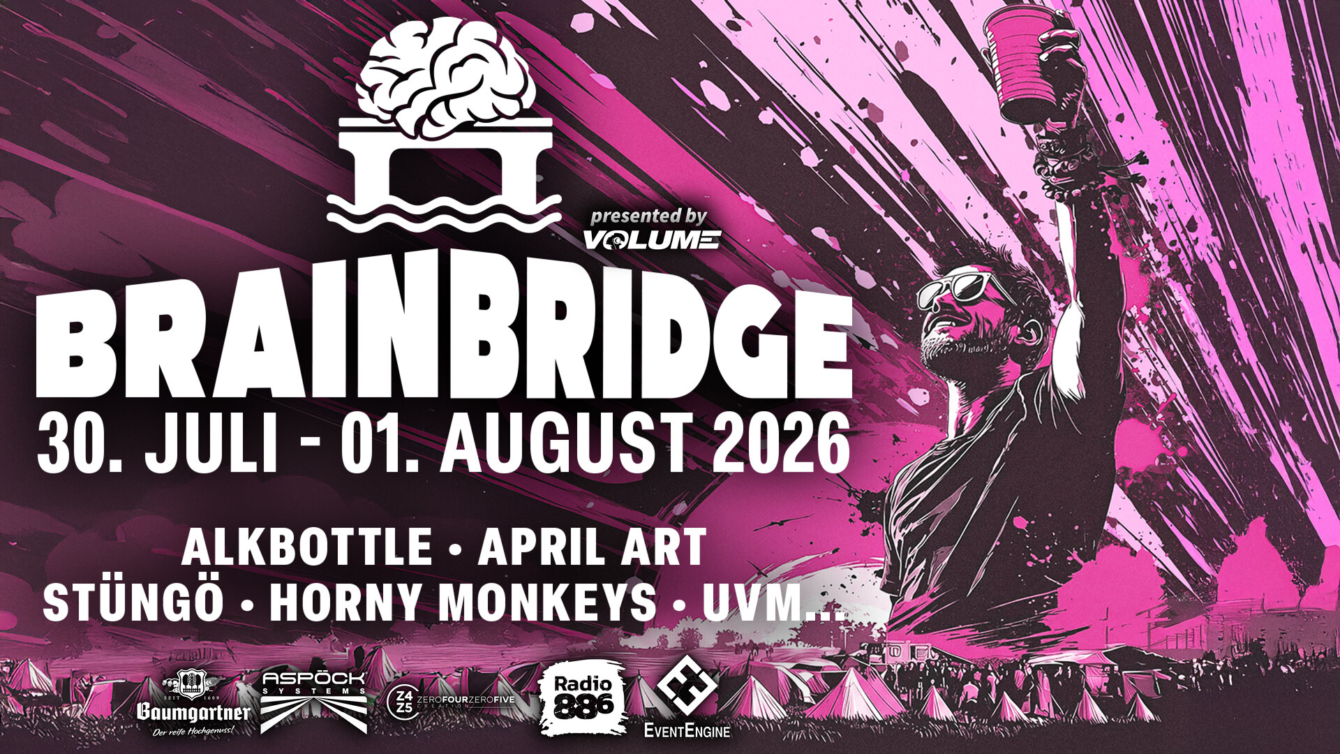 Plakat vom Brainbridge Festival weiße Schrift vor pinkem Hintergrund mit Zelten