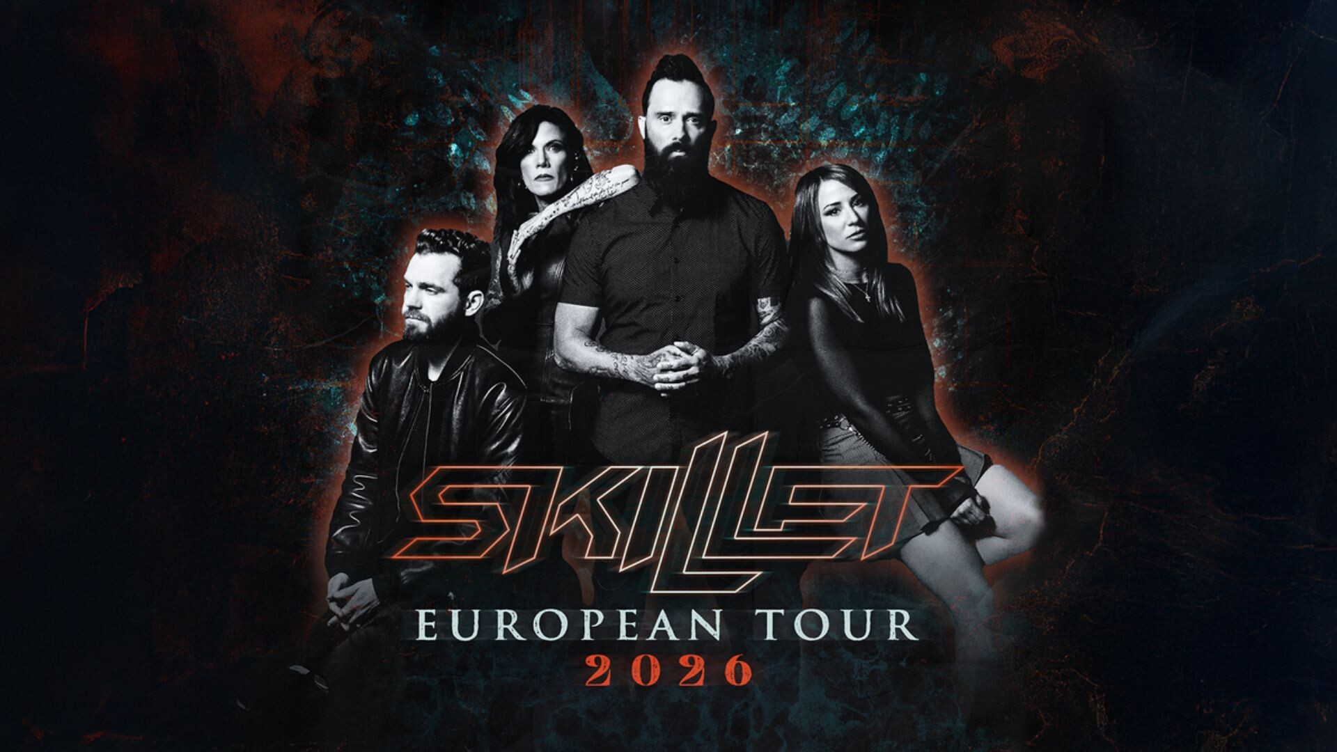 Skillet Das Bild zeigt die Band Skillet in einem düsteren, kontrastreichen Artwork mit dem Schriftzug Skillet European Tour 2026