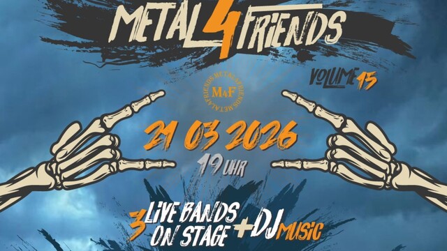 Metal4Friends Plakat, Schrift mit Eckdaten auf blauem Hintergrund