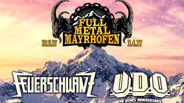 Full Metal Mayrhofen mit Logos der Headliner Bands vor einem Schneebedeckten Berg