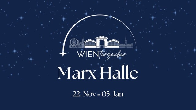 Weiße Schrift auf dunkelblauem Hintergrund mit Schneeflocken