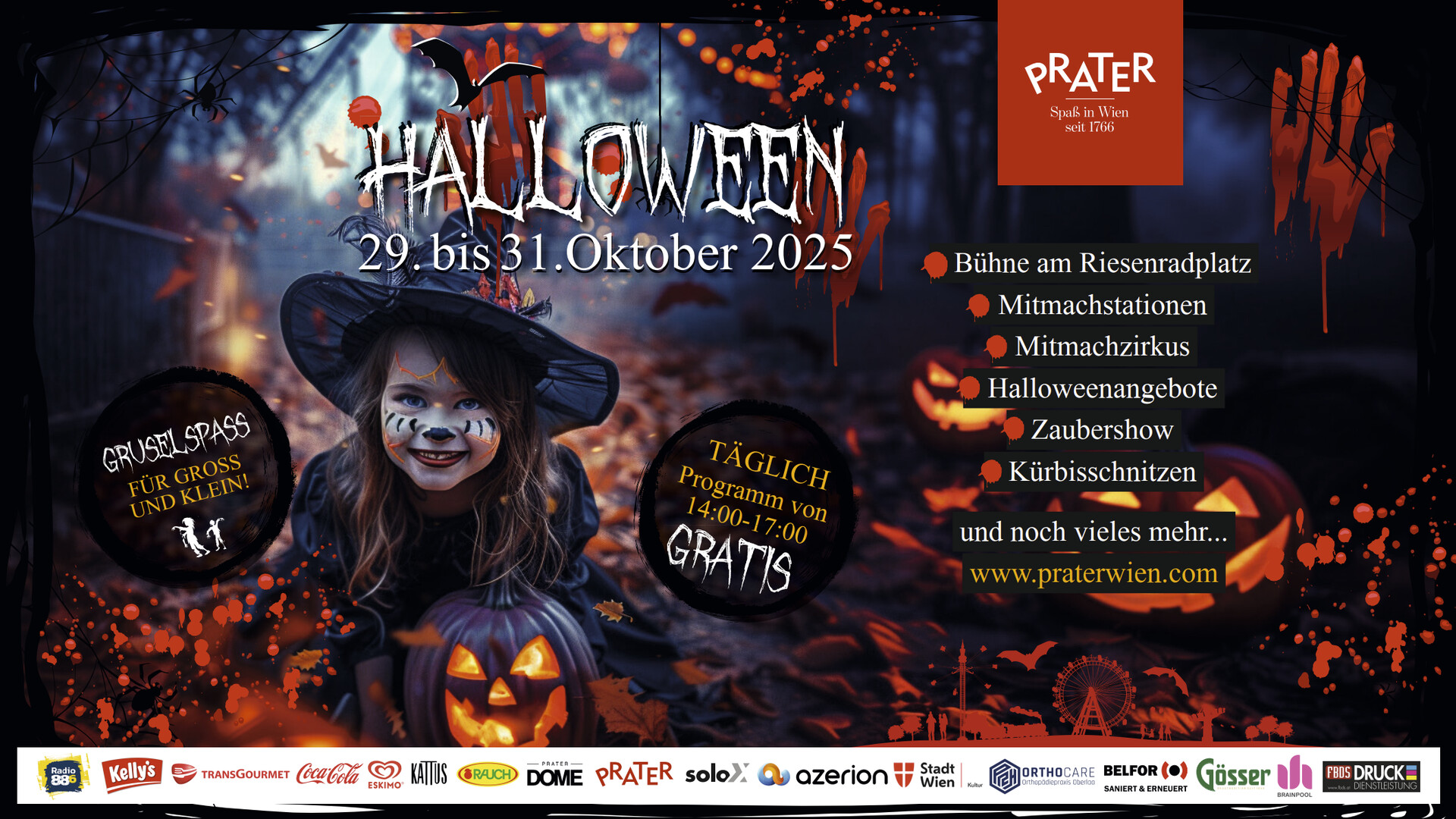 Halloween im Prater Das Bild zeigt ein herbstlich-gruseliges Plakat mit einem verkleideten Kind und Kürbissen