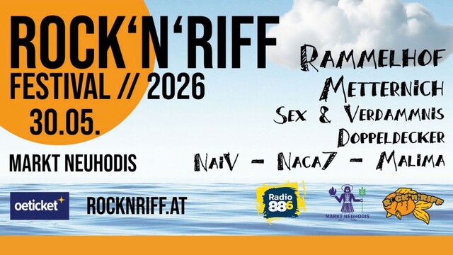 Plakat vom Rock’N’Riff Festival mit Logos von Partnern und Band Lineup