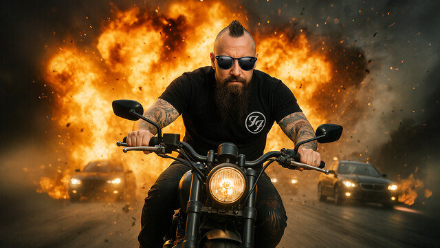 Timpel sitzt auf einem Motorrad und steht in Flammen