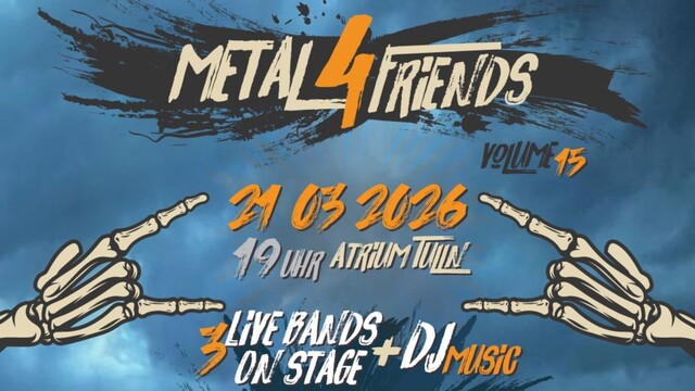 Metal4Friends Plakat, Schrift mit Eckdaten auf blauem Hintergrund