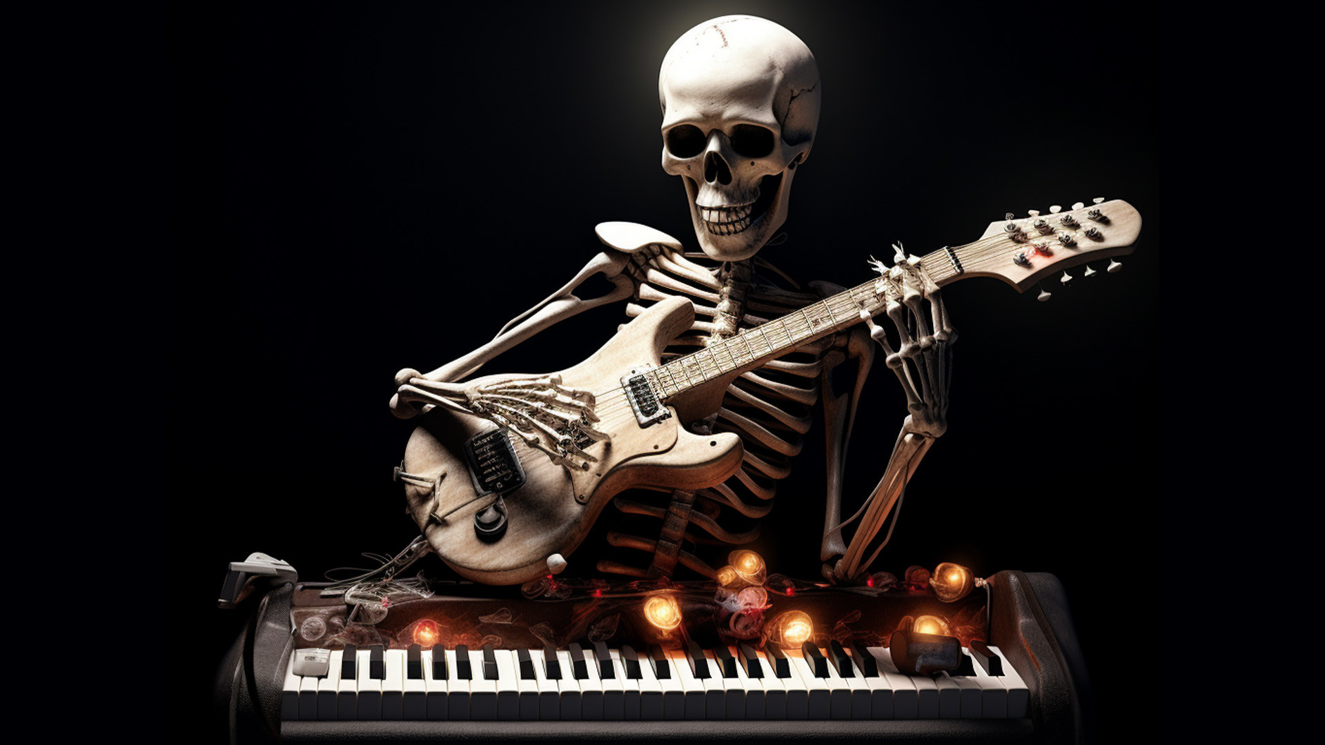Ein Skelett mit E-Gitarre und Keyboard