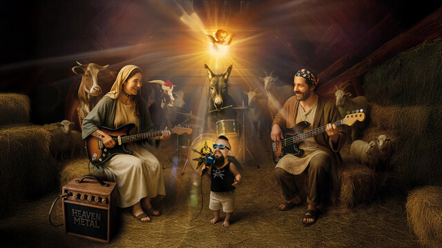 Das Bild zeigt eine rockige Weihnachtskrippe, in der Maria, Josef und das Jesuskind als Metal-Band auftreten.