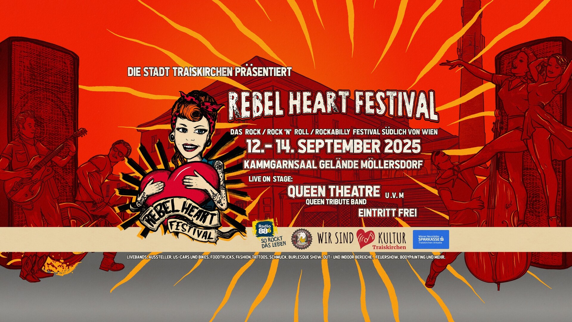 Rebel Heart Festival 2025 Plakat zum Rebel Heart Festival 2025 mit Rockabilly-Frau, Datum, Ort und Line-Up, präsentiert von der Stadt Traiskirchen