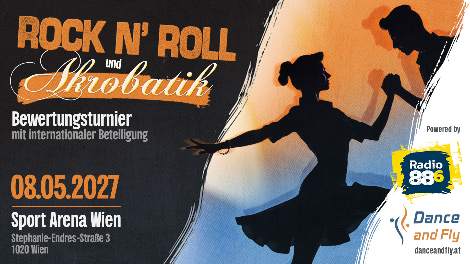 Rock’n’Roll Akrobatik mit einer Silhouette von zwei tanzenden Menschen und Eckdaten zur Veranstaltung