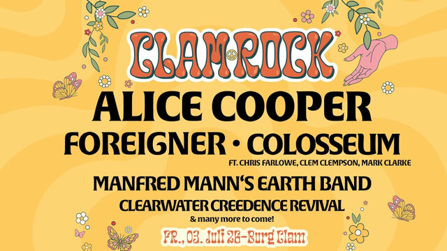 Lineup fürs Clam Rock 2026 auf gelbem Hintergrund