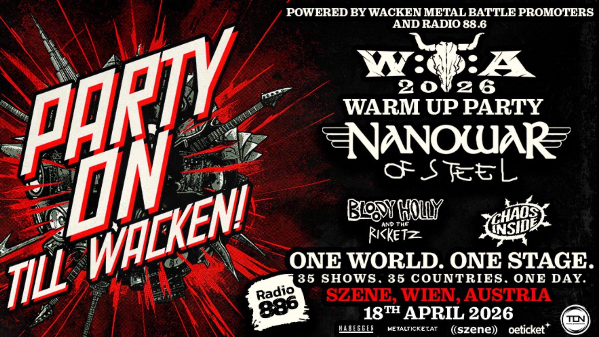 Plakat vom Event mit allen Bands und Logos in weiß auf schwarz, rotem Hintergrund