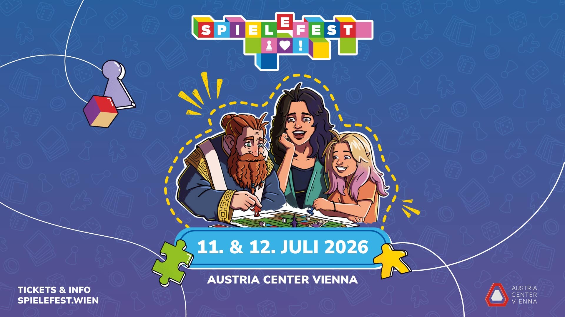 Plakat vom Spielefest mit gezeichneten Menschen auf lila Hintergraund