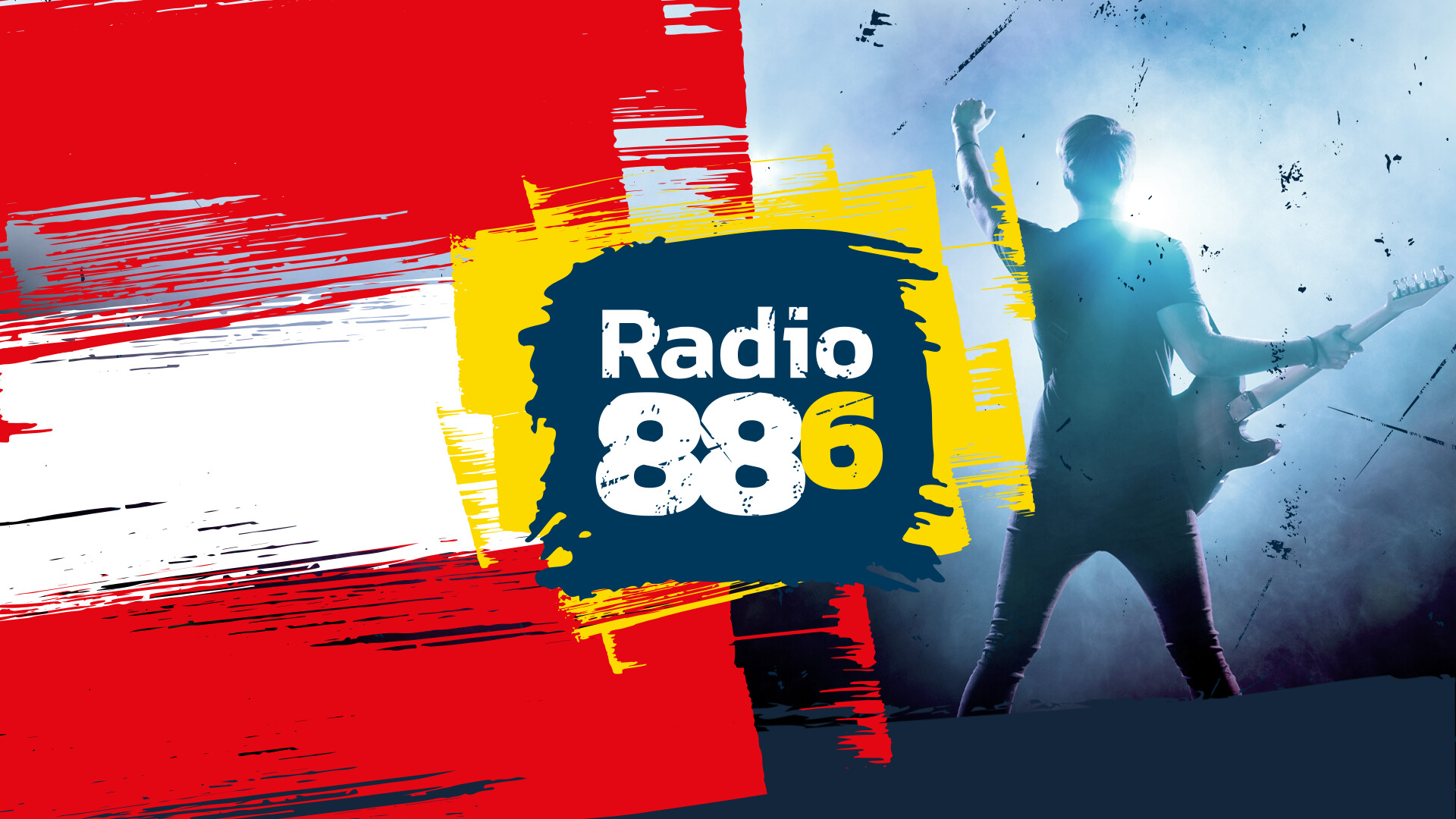 Radio 88.6 Branding mit rot-weißem Design und Gitarrist bei Rockkonzert