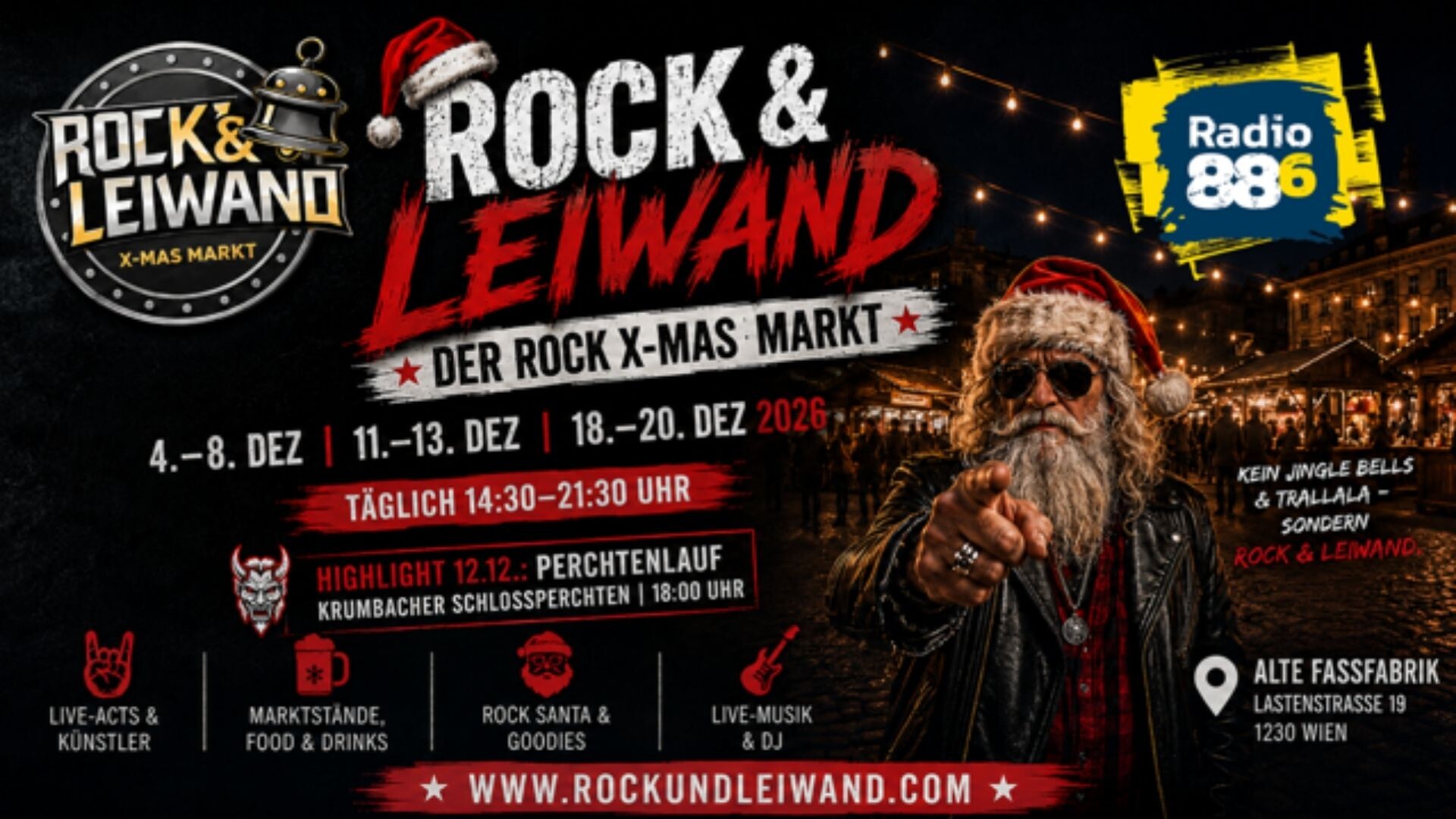 Rock & Leiwand Plakat mit Eckdaten und einem rockigen Weihnachtsmann im Hintergrund ist ein nächtlicher Weihnachtsmarkt zu sehen