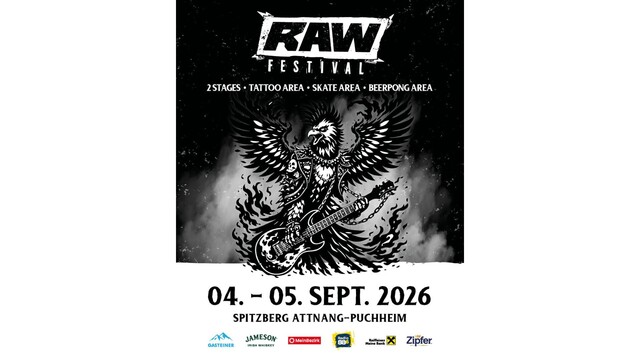 plakat vom RAW Festival in schwarz weiß mit einem Phönix der eine E Gitarre hält