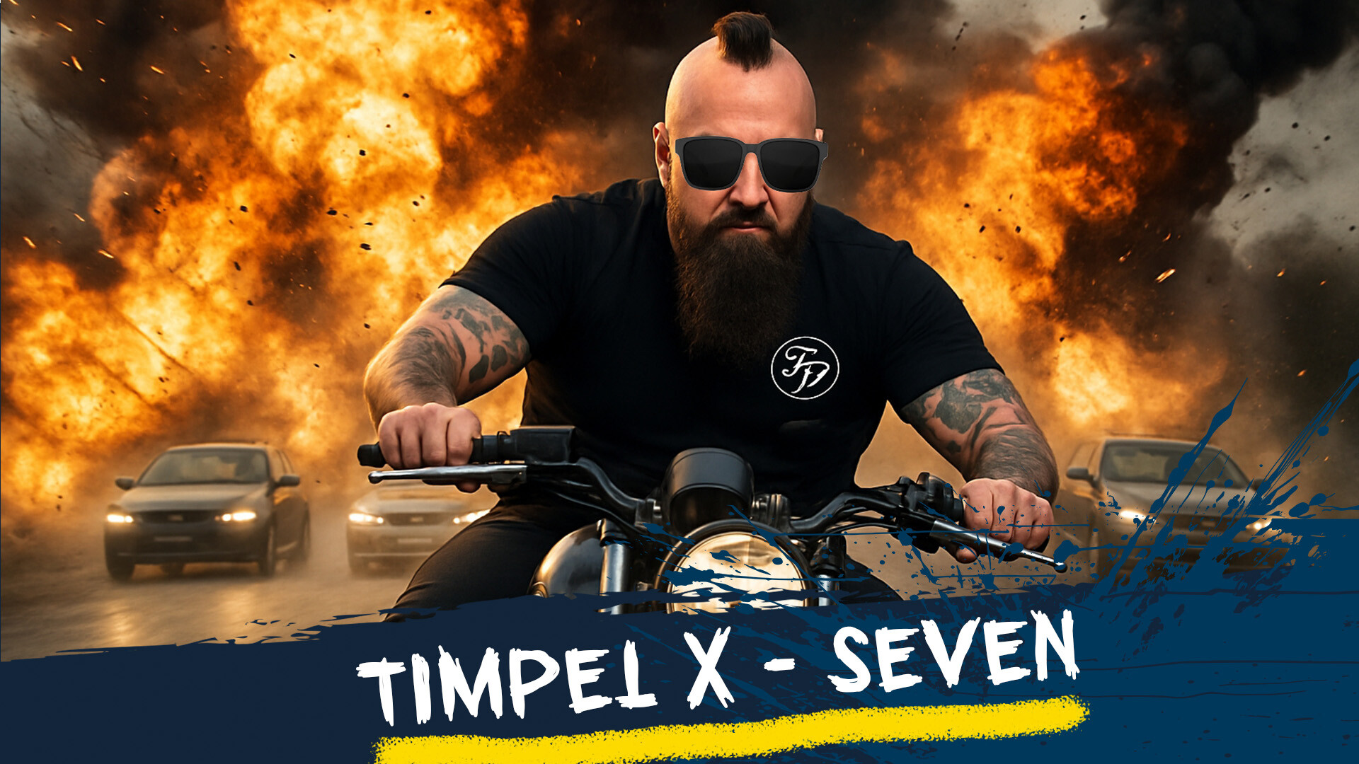 Timpel sitzt auf einem Motorrad und steht in Flammen