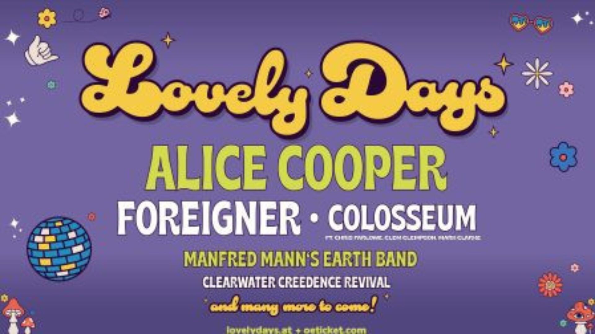 Lovely Days Festival Plakat vom Lovely Days Festival mit Lineup auf Lila Hintergrund