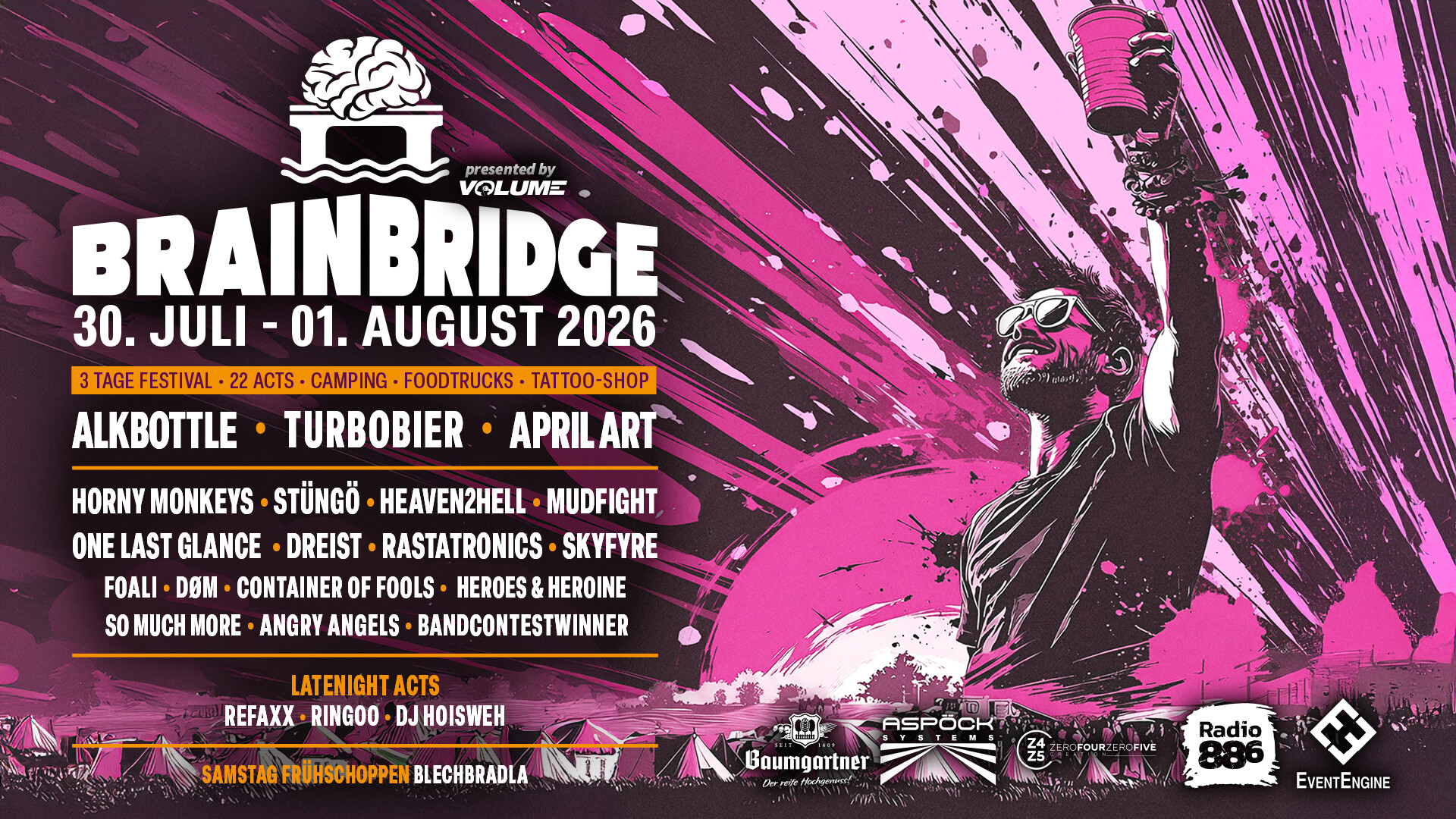 Plakat vom Brainbridge Festival weiße Schrift vor pinkem Hintergrund mit Zelten