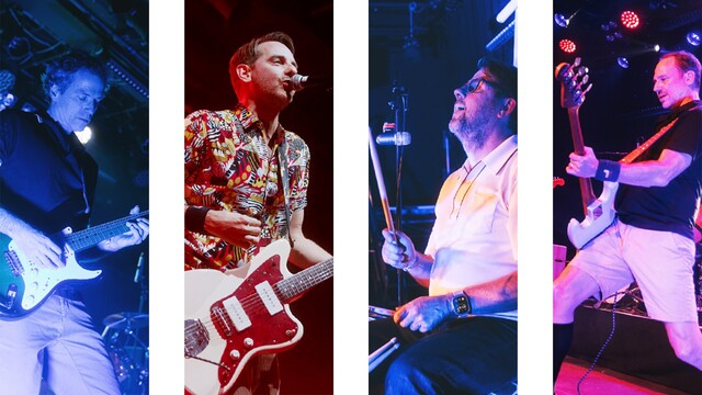 Eine Collage aus Bühnenfotos der Bandmitglieder